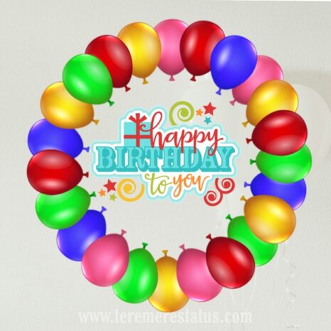 Few balloons is appearing in round shape and happy birthday is written in between them.